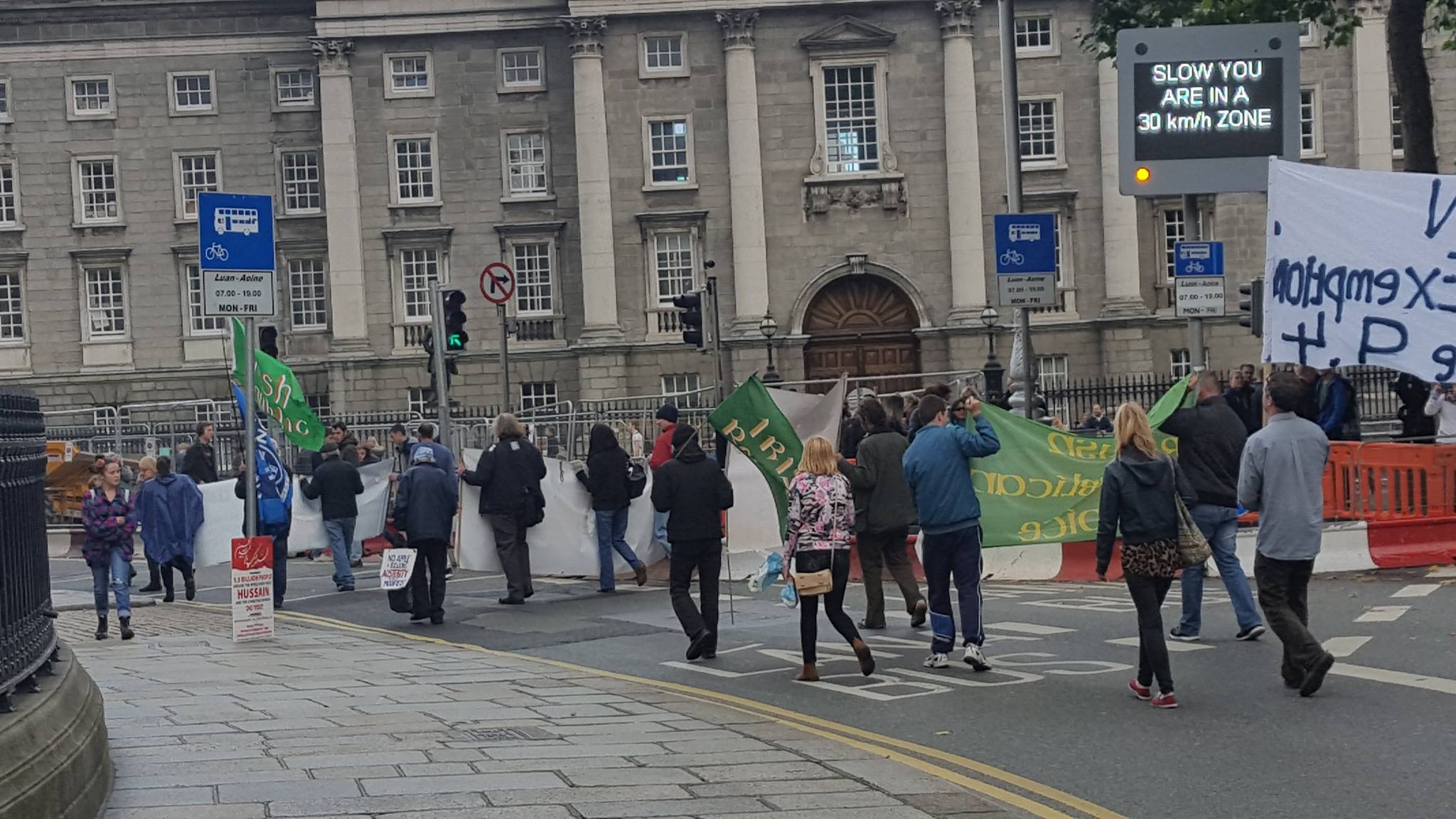 Protest stopping traffic Dublin city centre about 15 people gridlocked