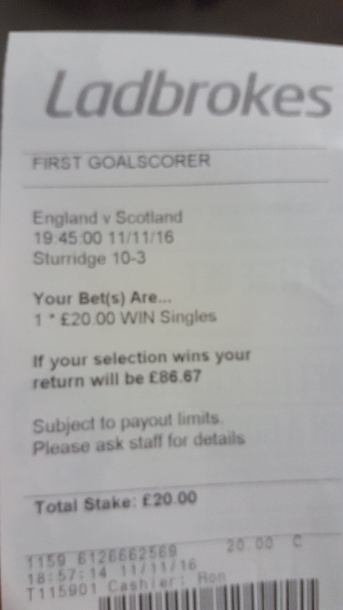 Winner winner chicken dinner betting slip England Scotland Wembley 20 into 86