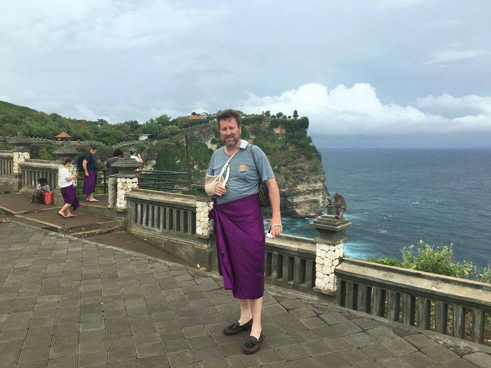 Sharon Uluwatu Temple Bali broken wrist sling murse temple skirt